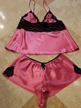 Cynthia Rowley Pink Satin Cami & Tap Pant Set with Black Lace